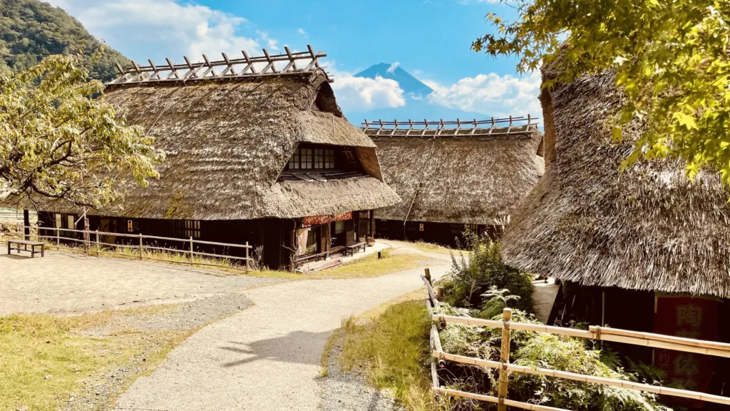 Tradiční japonské dřevěné domy s mohutnými doškovými střechami podél pěší cesty.