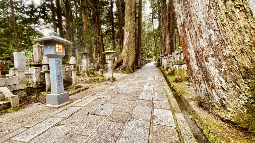 Kamenná cesta mezi vysokými cedry a tradičními kamennými lucernami v hřbitově Okunoin.