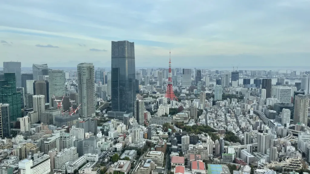 Pohled na hustou zástavbu Tokia s červenobílou věží Tokyo Tower uprostřed města