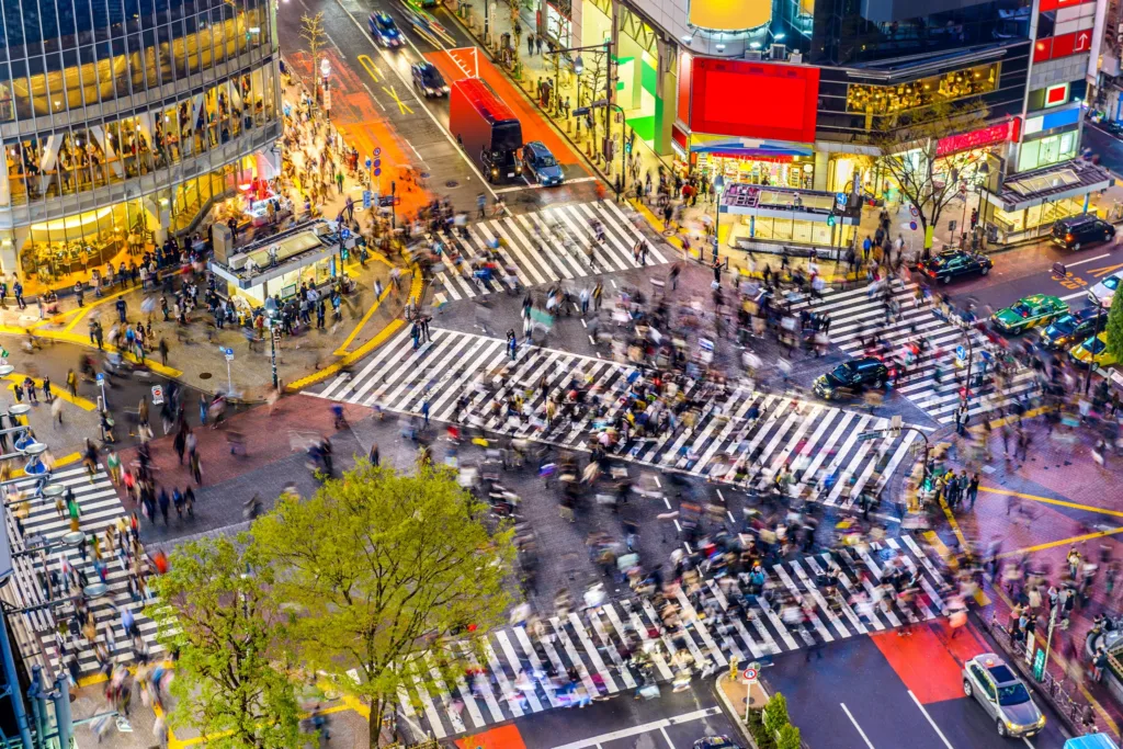 Rušný přechod pro chodce na křižovatce Shibuya v Tokiu při večerním provozu