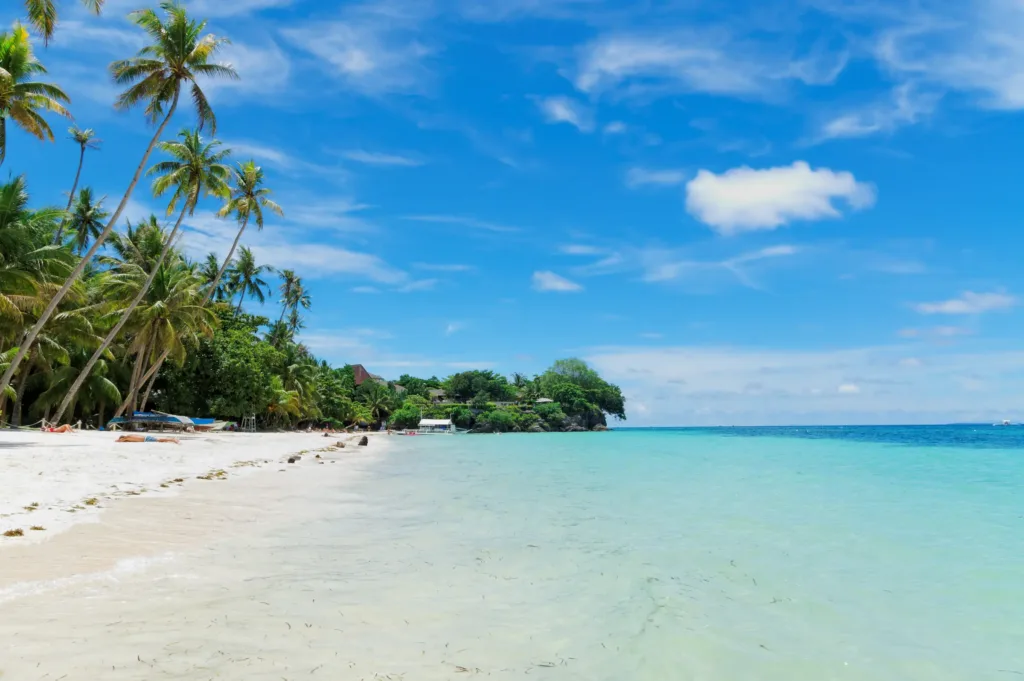 Bílá písečná pláž lemovaná palmami a klidné tyrkysové moře pod modrou oblohou.